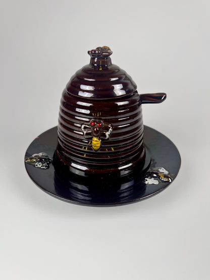 Vintage Lustreware Beehive Honey Pot & Plate | Dark Brown & Purple Glaze