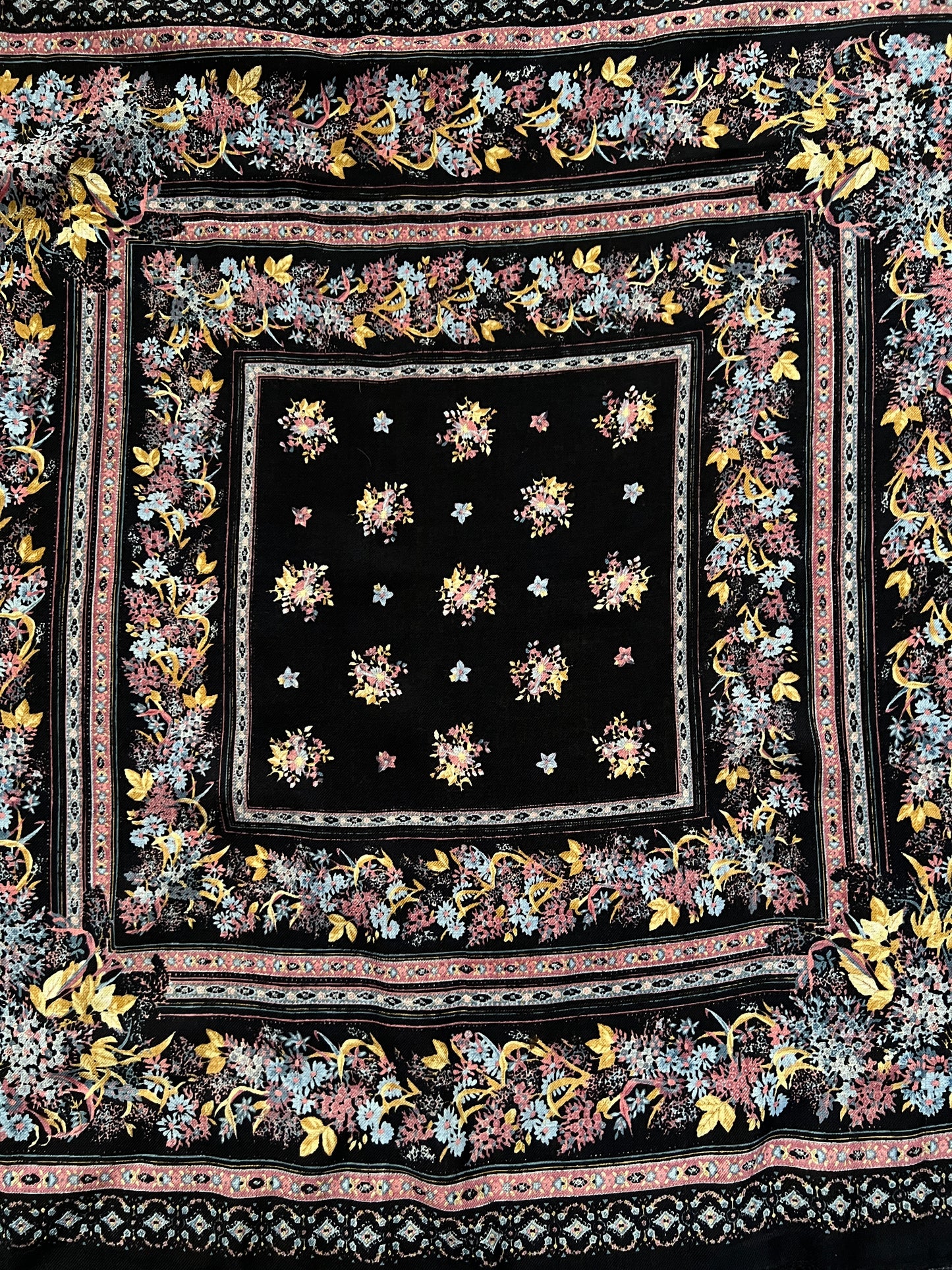 Vintage Kashmir Woole Floral Fringe Scarf - Dark Blue Square Wrap Bohemian Style