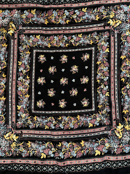 Vintage Kashmir Woole Floral Fringe Scarf - Dark Blue Square Wrap Bohemian Style