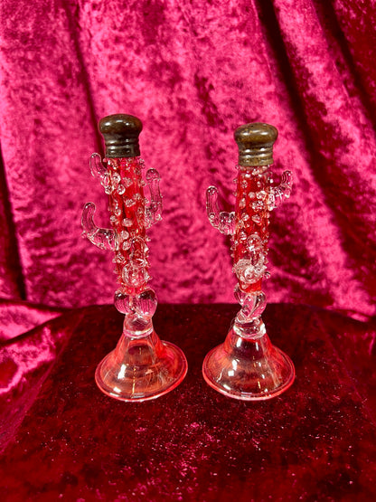 Vintage Kitchen - Salt and Pepper Shaker Set - Handblown Glass - Red Hobnail Cactus