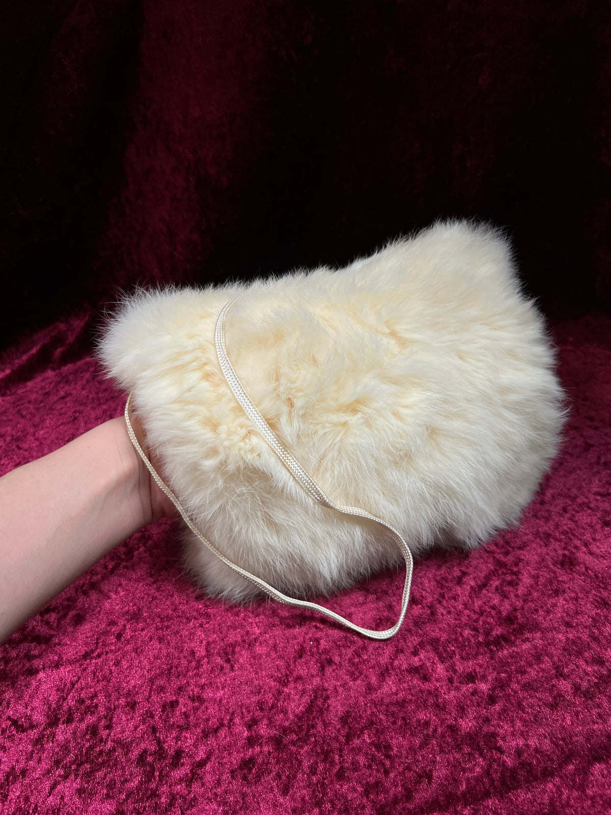 Vintage Real Rabbit Fur Hand Muff - Ivory Plush Hand Warmer with Shoulder Strap