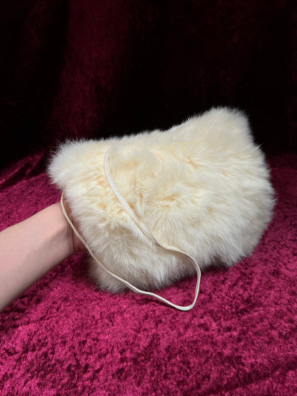 Vintage Real Rabbit Fur Hand Muff - Ivory Plush Hand Warmer with Shoulder Strap