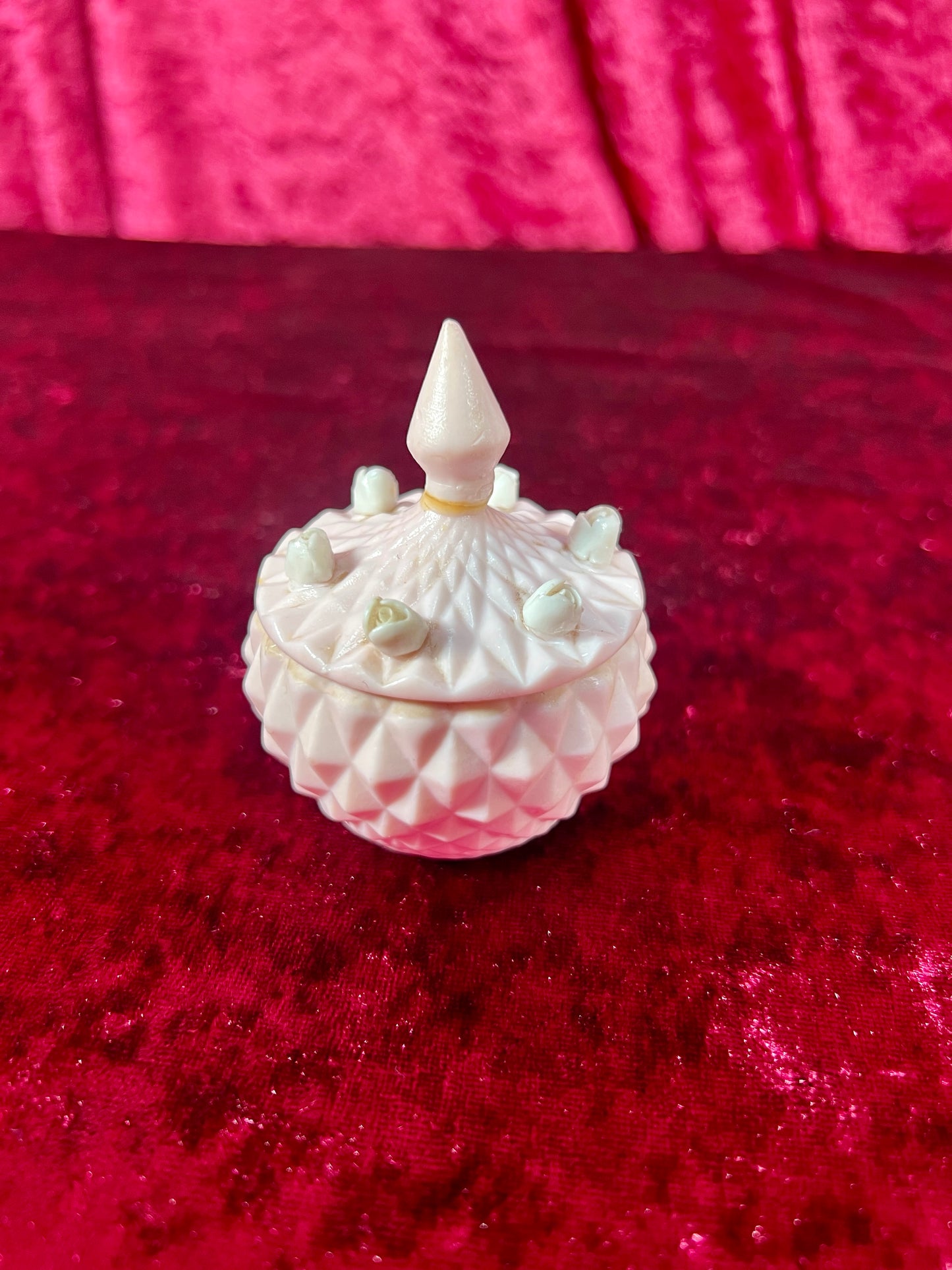 Vintage Trinket Box - Miniature Porcelain Lidded Jar - Baby Pink with Rosettes - Made In Japan