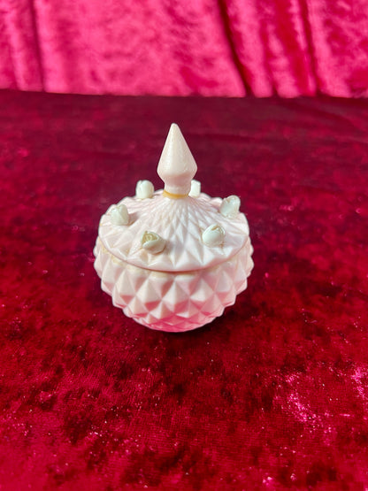 Vintage Trinket Box - Miniature Porcelain Lidded Jar - Baby Pink with Rosettes - Made In Japan