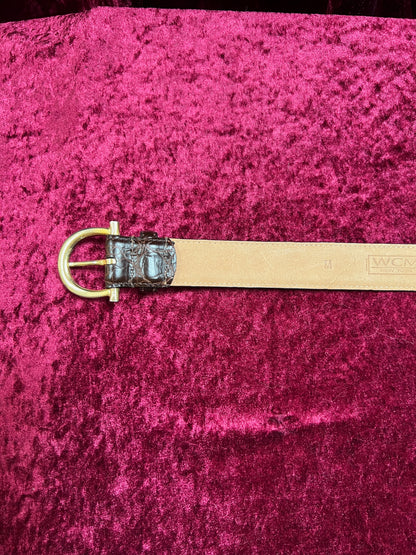 Vintage Genuine Italian Calfskin Belt – Brown Alligator Embossed with Brass Buckle -