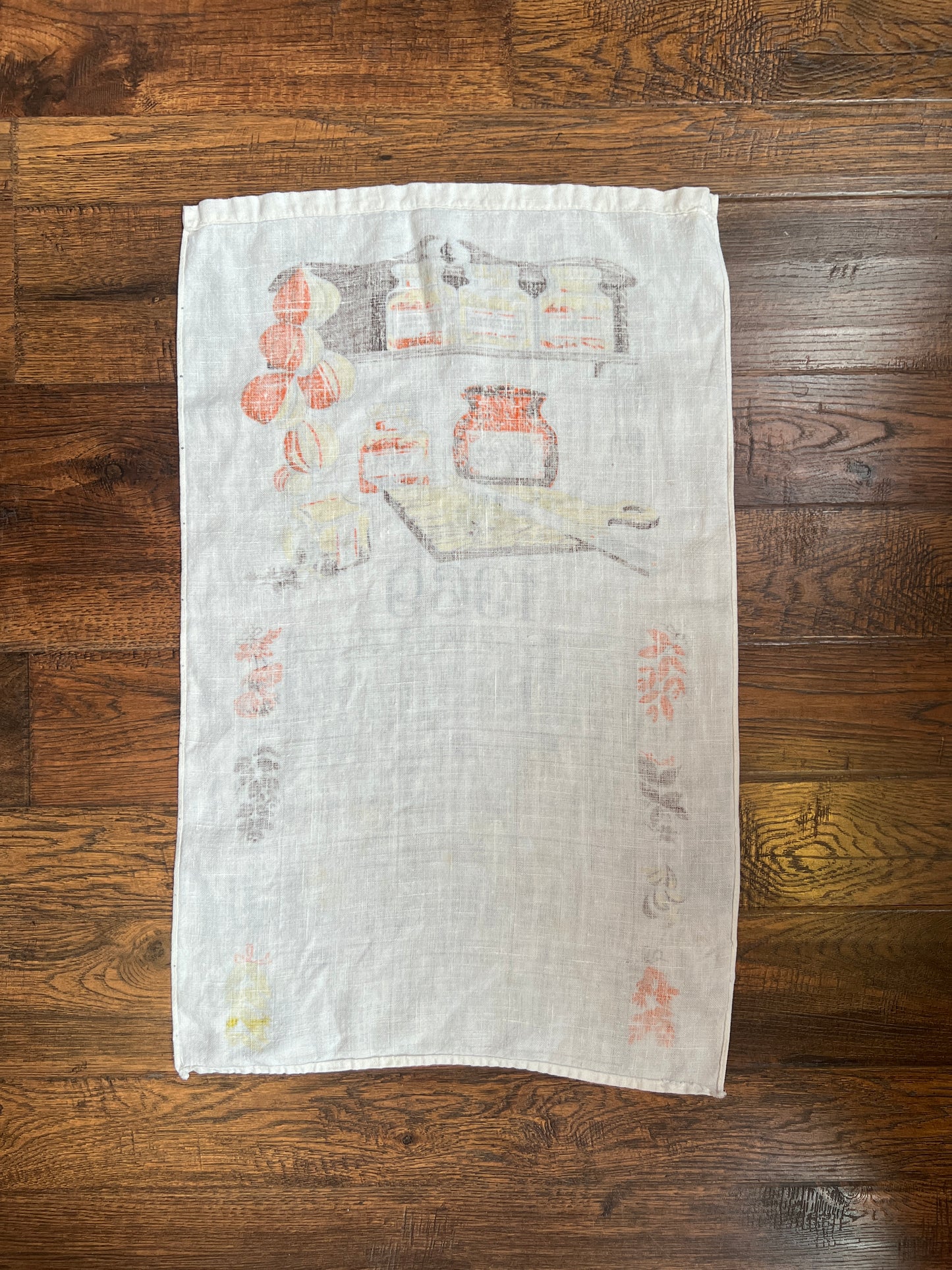 Vintage Linens - Tea Towel Calendar - Retro Orange & Yellow Kitchen Scene - 1969