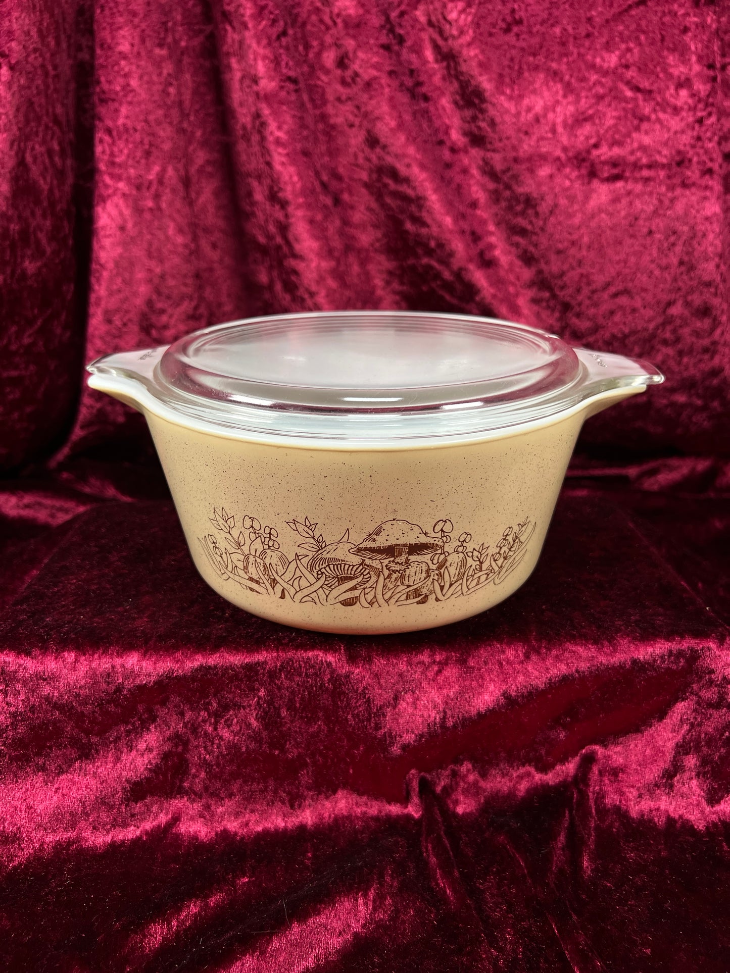 Vintage Pyrex Glass Casserole Dish Set - Forest Fancies Mushroom Pattern