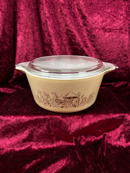 Vintage Pyrex Glass Casserole Dish Set - Forest Fancies Mushroom Pattern