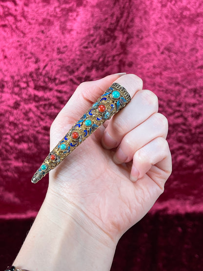 Antique Jewelry - Brooch - Chinese Finger Nail Guard - Plated Sterling Silver, Turquoise, Coral, and Enamel