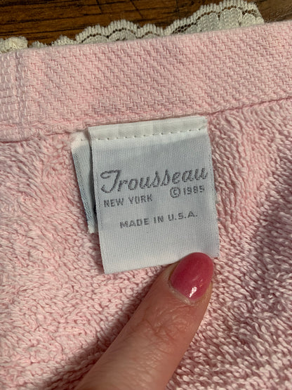 Vintage 1985 Trousseau Bath Towel - Pink with Needlepoint Rose and Lace Trim