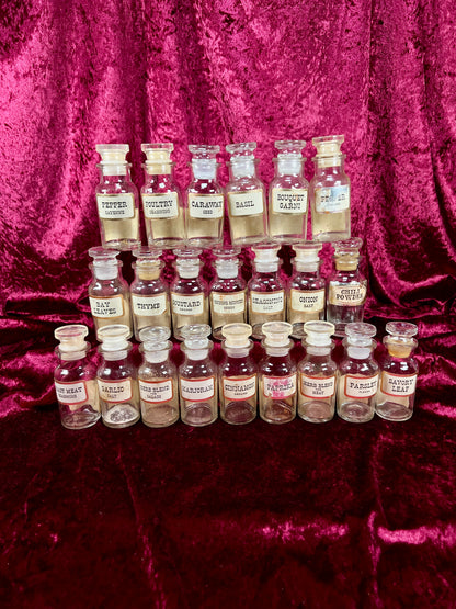 Vintage Glass Apothecary Style Spice Jar Set with Original Labels - Kitchen Collection Set