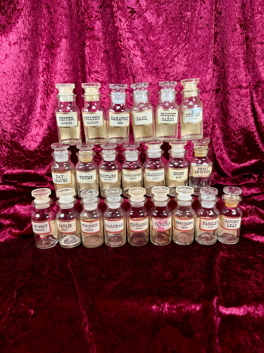 Vintage Glass Apothecary Style Spice Jar Set with Original Labels - Kitchen Collection Set