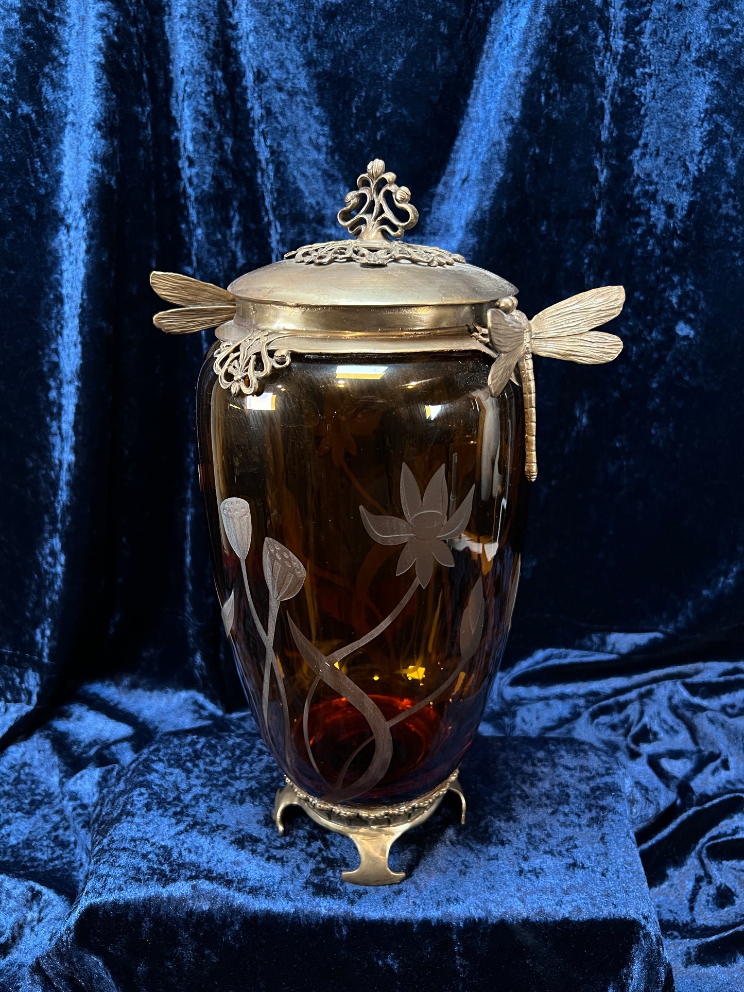 Vintage Art Nouveau Revival Opium Jar - Etched Poppies on Amber Glass - Castilian Poland