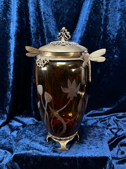 Vintage Art Nouveau Revival Opium Jar - Etched Poppies on Amber Glass - Castilian Poland
