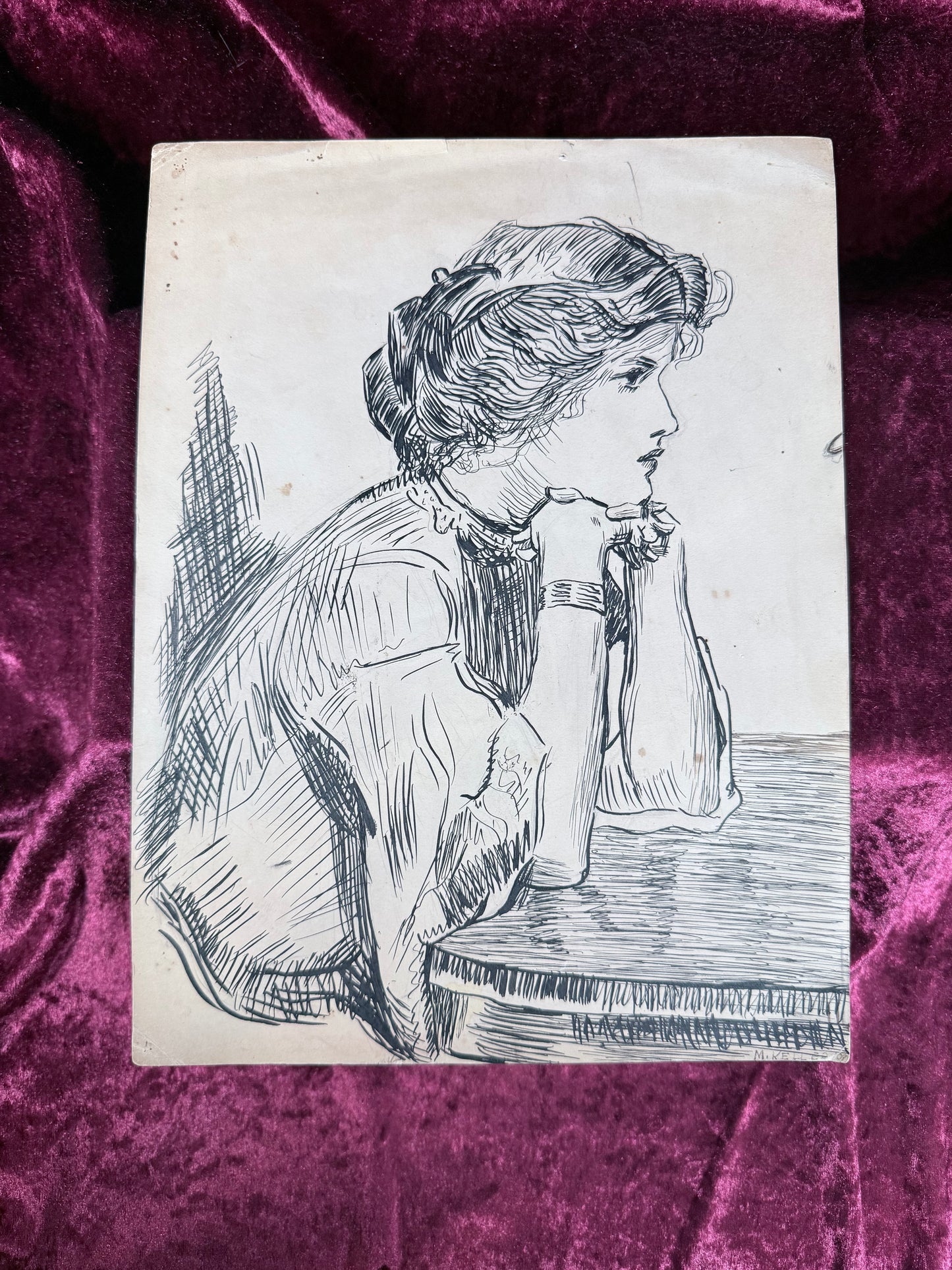 Antique Original Pen and Ink Illustration - Edwardian Gibson Girl Side Profile Portrait Signed 1909