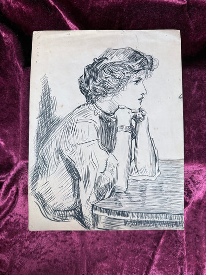 Antique Original Pen and Ink Illustration - Edwardian Gibson Girl Side Profile Portrait Signed 1909