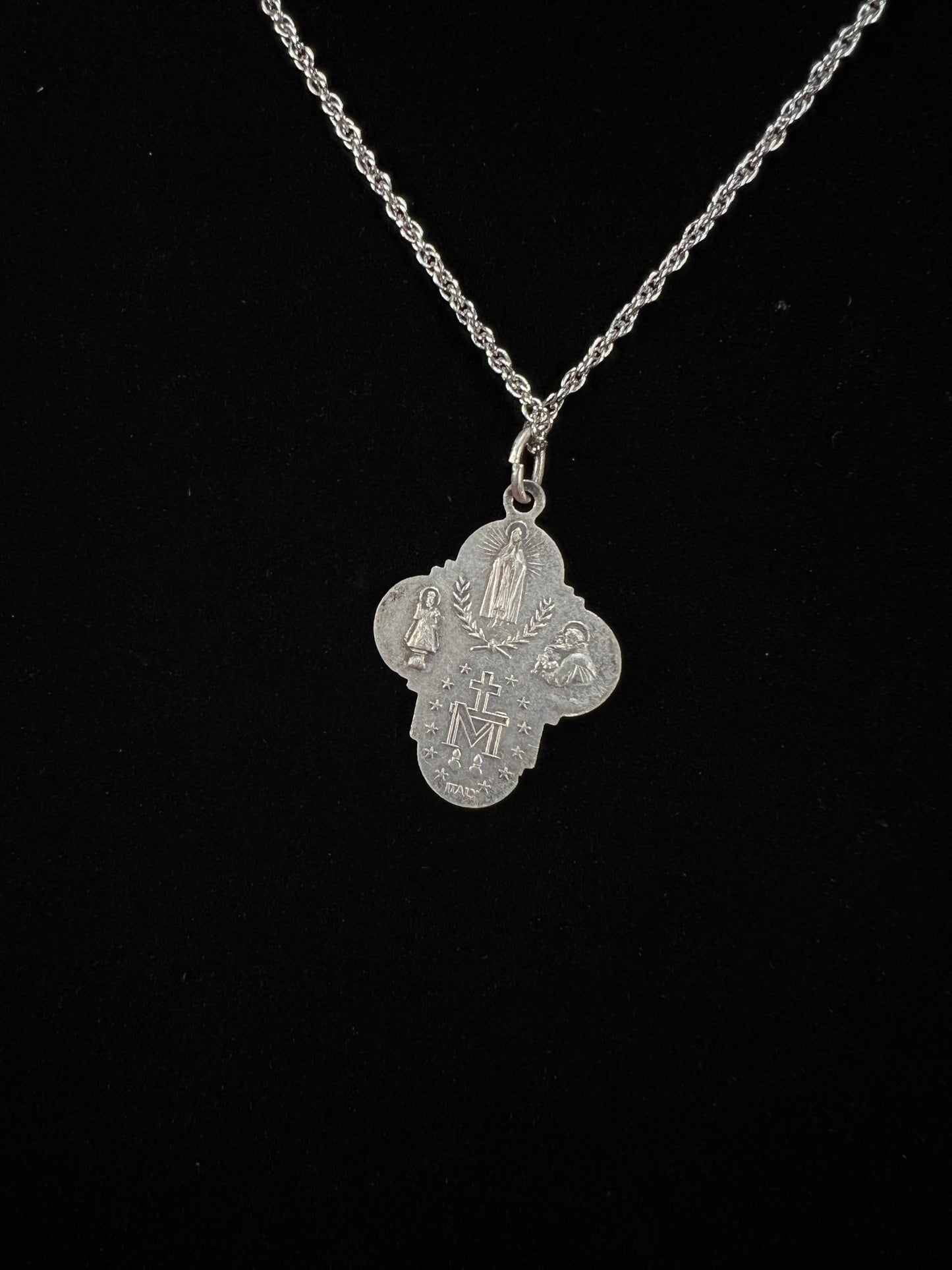 Vintage Silver Plated Religious Medal Pendant - Mother Mary and The Holy Trinity Cross