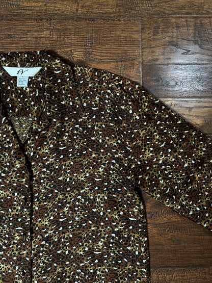 Vintage FY2 100% Silk Blouse - Brown Cheetah Animal Print Button Front - Size Medium