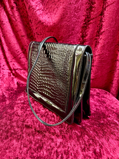 Vintage Accessories - Convertible Purse - Black Faux Patent Leather - Crocodile Skin Flap - Tandem Bags of California