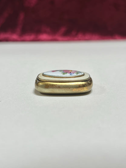Vintage Trinket Box - Brass Pill Box - Hand Painted Pink Floral Design