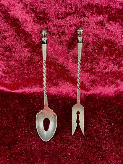 Vintage Silver Plate Cocktail Spoon and Fork Set – Twisted Handles with Tiki Totem Finials