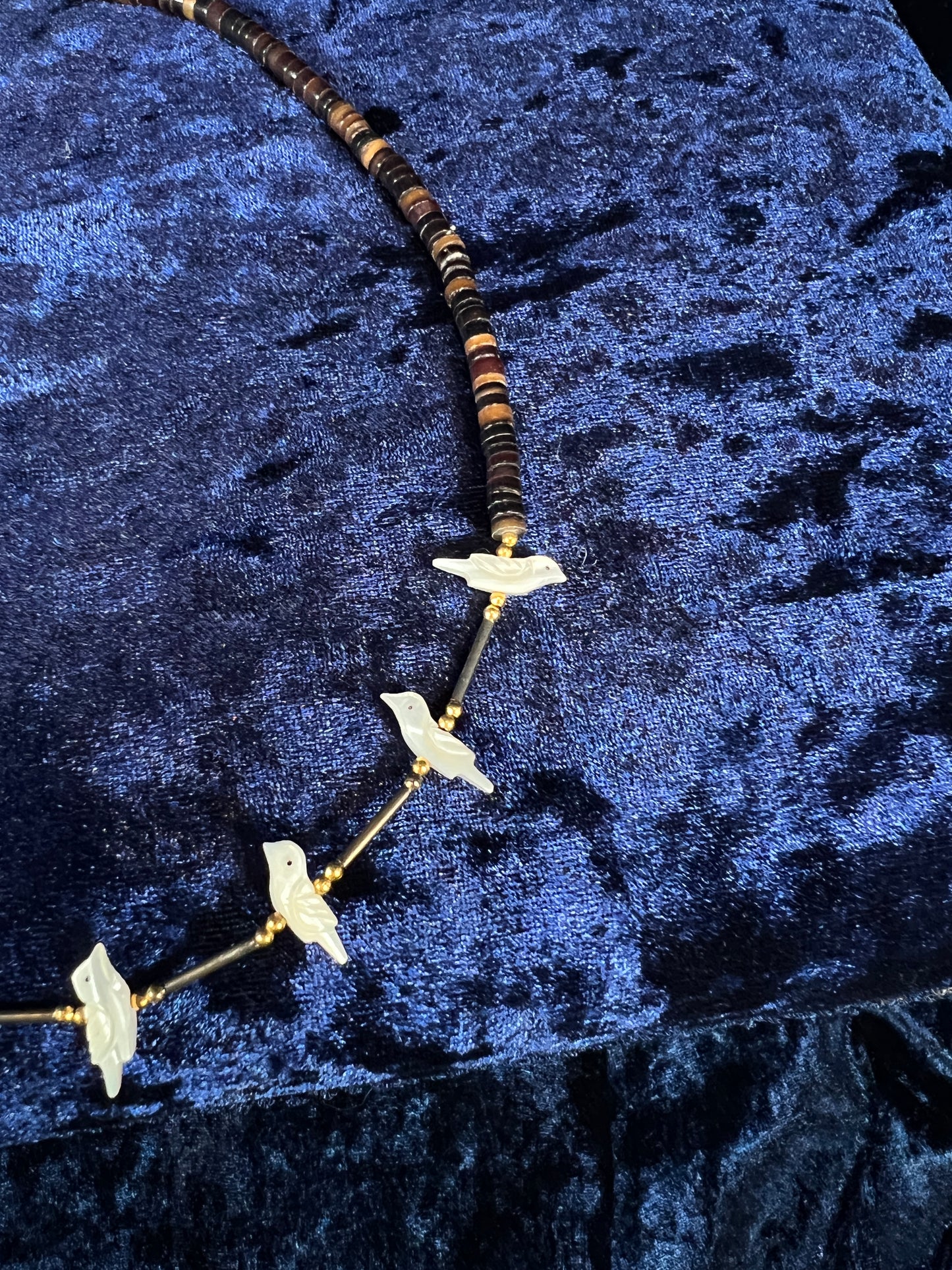 Vintage Zuni Heishi Fetish Necklace - Shell and Mother of Pearl Birds Sterling Silver Clasp