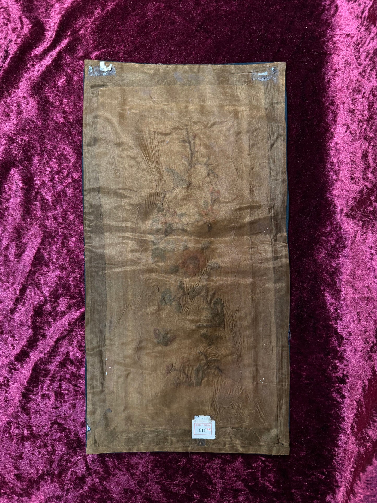 Antique Chinese Silk Sleeve Band – Blue Bird In A Tree - Embroidered Textile Robe Panel - Peking, China