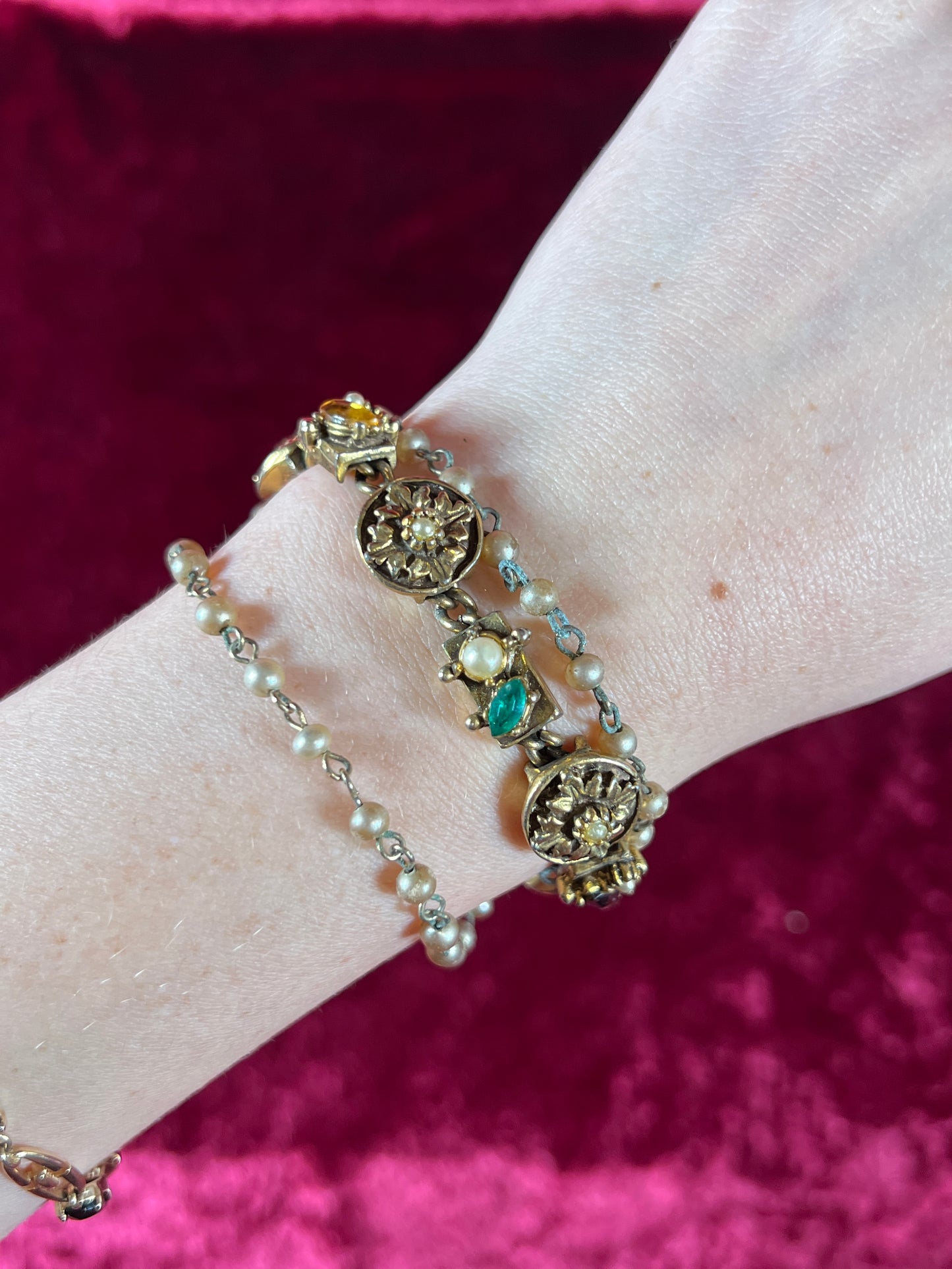 Vintage Jewelry - 3-Strand Charm Bracelet - Gold Tone - Multicolor Rhinestones - Goldette NY