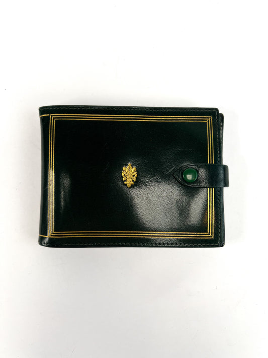 Vintage Wallet - Genuine Leather Bifold - Emerald Green - Embossed Gold Accents - Made In Italy