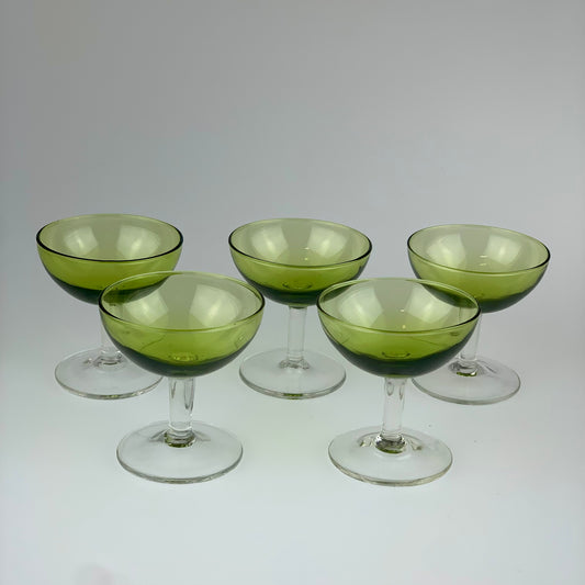 Vintage Olive Green Cordial Glasses with Crystal Stems | Set of 5