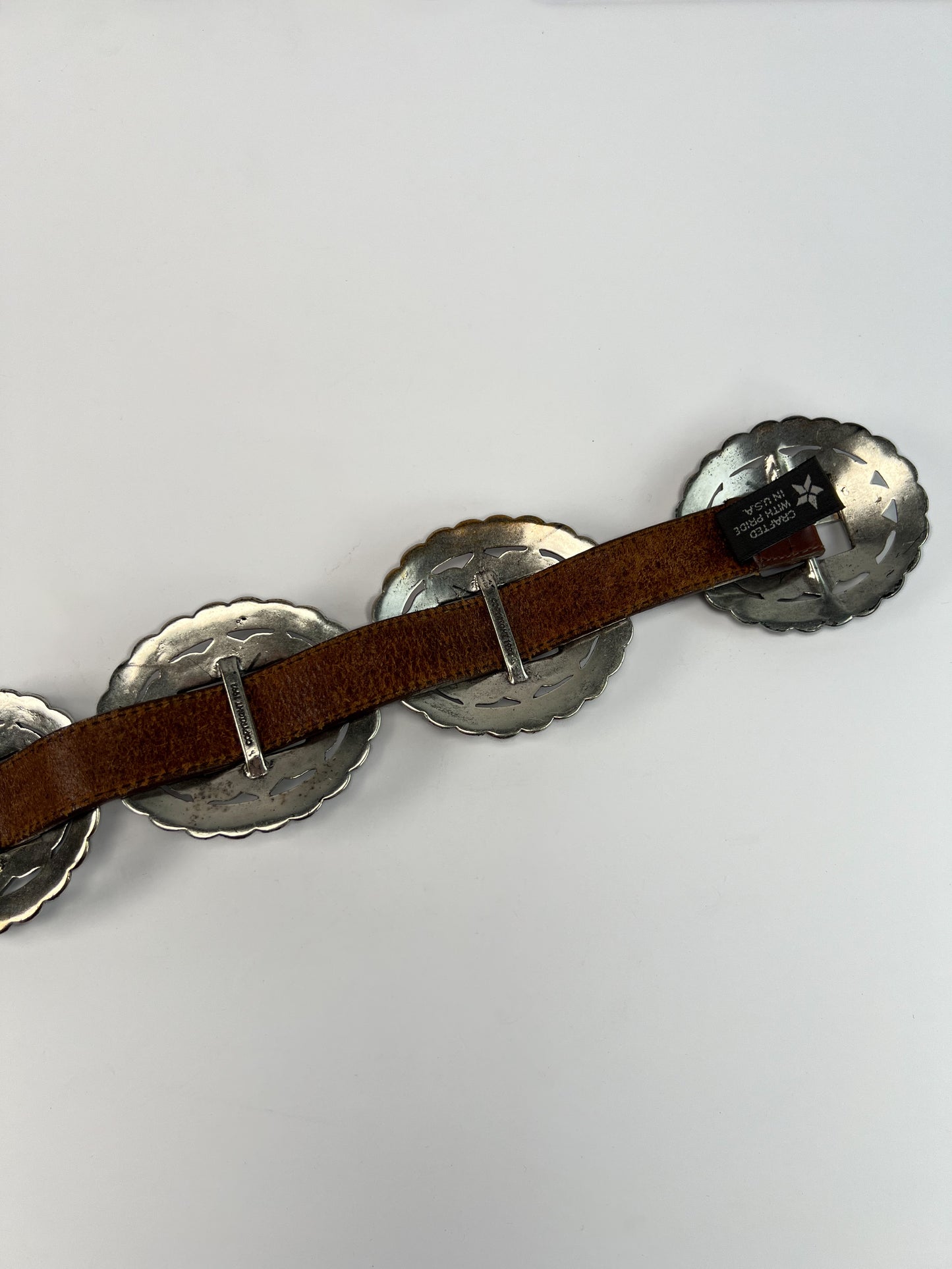 Vintage Belt - Brown Leather - Large Sunflower Concho Medallions - Brighton - 30" - Made In U.S.A.