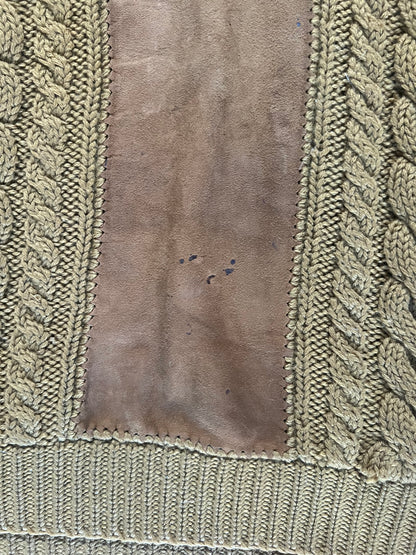 Vintage Clothing - Cable Knit Sweater - Mock Turtleneck - Suede Detail - Pea Soup Green - Small