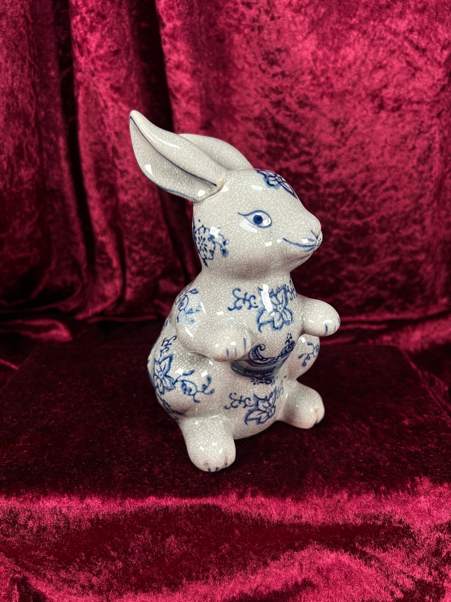 Vintage Ceramic Rabbit Figurine - Blue and White Floral Crackle Finish - Baum Bros