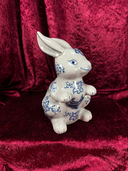 Vintage Ceramic Rabbit Figurine - Blue and White Floral Crackle Finish - Baum Bros