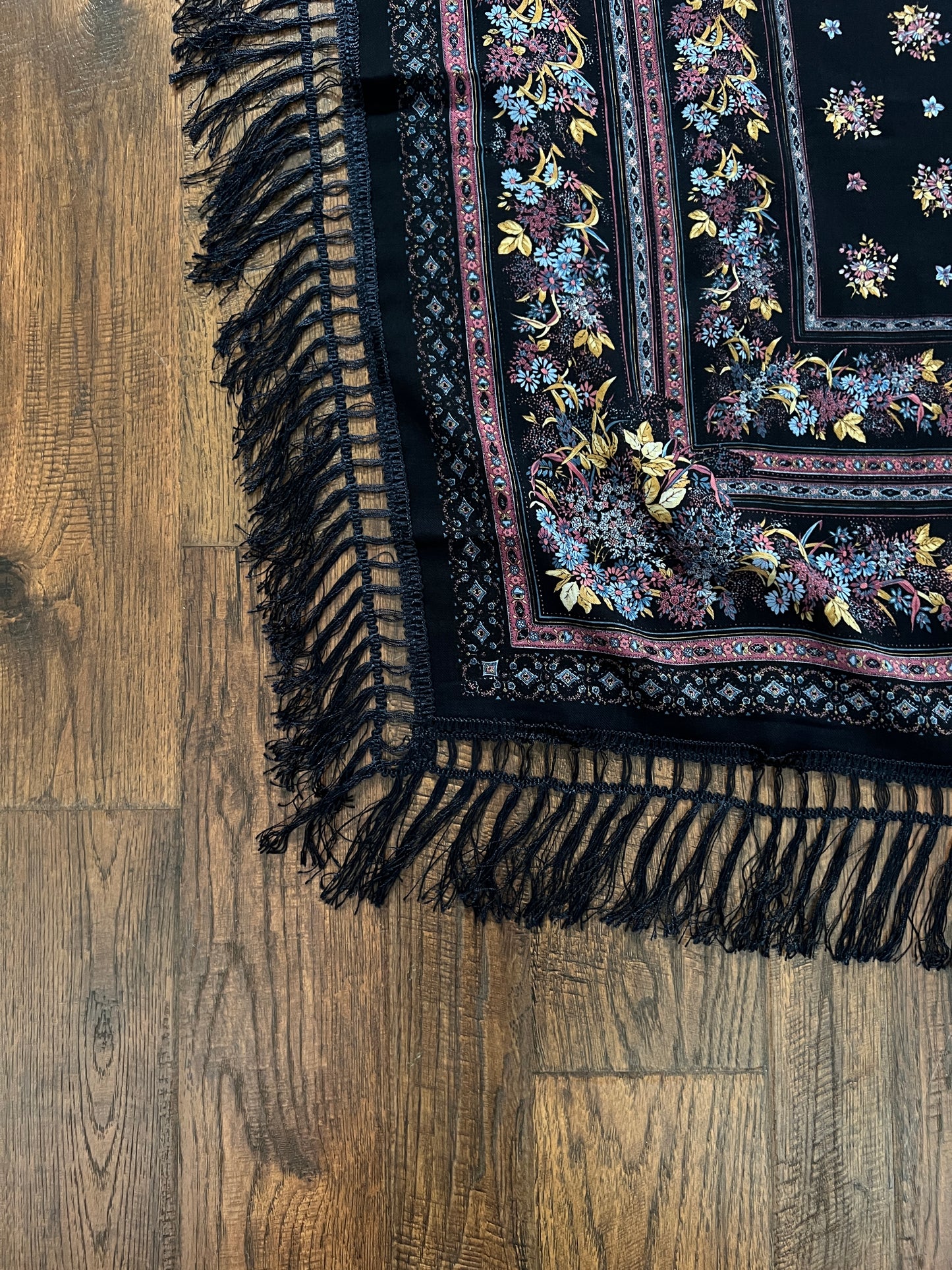 Vintage Kashmir Woole Floral Fringe Scarf - Dark Blue Square Wrap Bohemian Style