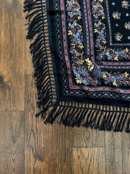 Vintage Kashmir Woole Floral Fringe Scarf - Dark Blue Square Wrap Bohemian Style