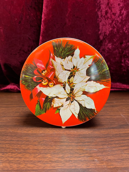Vintage Christmas - Metal Storage Tin - White Poinsettias and Mistletoe