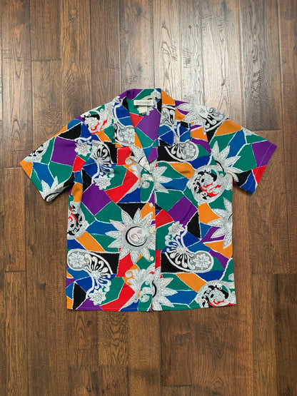 Vintage Clothing - Short Sleeve Button Up - Jewel Tone Kaleidoscope with Sun Faces - Impressions of California - Medium