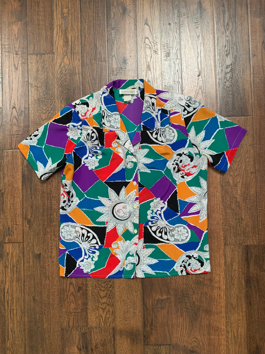 Vintage Clothing - Short Sleeve Button Up - Jewel Tone Kaleidoscope with Sun Faces - Impressions of California - Medium