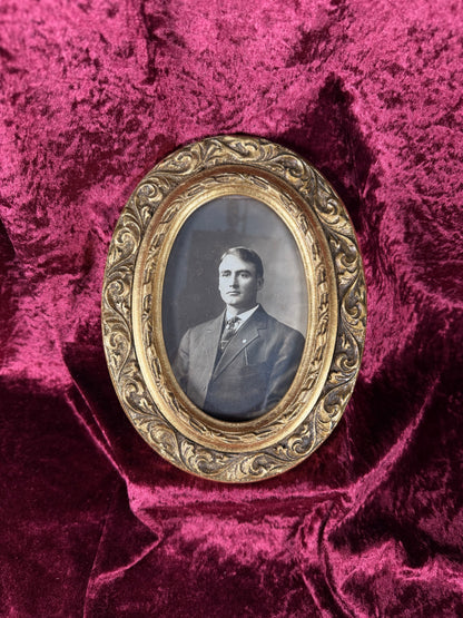 Antique Gilt Oval Portrait Frame – Black and White Haunted Photograph of A Gentleman
