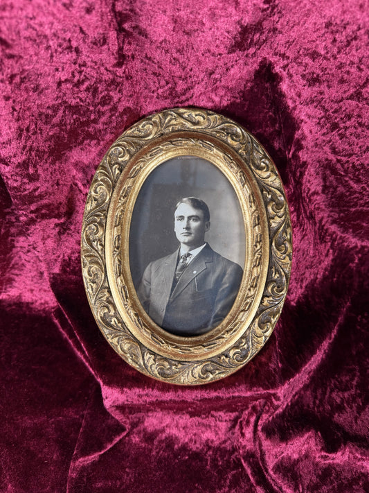 Antique Gilt Oval Portrait Frame – Black and White Haunted Photograph of A Gentleman