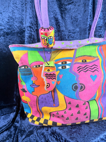 Vintage Canvas Laurel Burch Tote Bag – Kindred Spirits Faces with Purple Handles