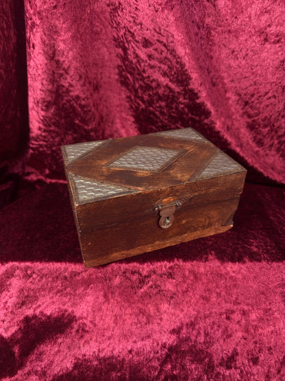 Vintage Dark Wood Trinket Storage Box – Geometric Metal Inlay - Lockable Lid