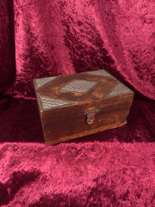 Vintage Dark Wood Trinket Storage Box – Geometric Metal Inlay - Lockable Lid