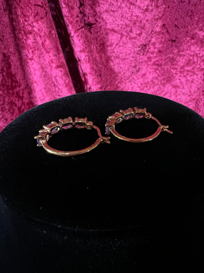 Vintage Gold Plated 925 Silver Hoop Earrings – Oval Faceted Pink Topaz Gemstones