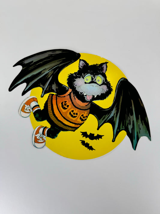 Vintage Halloween Die Cut  - Black Flocked Happy Bat w/ Pumpkin Sweater 1980s