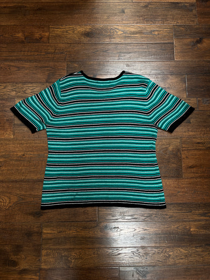 Vintage Sag Harbor Knit Top – Striped Turquoise and Black - Medium