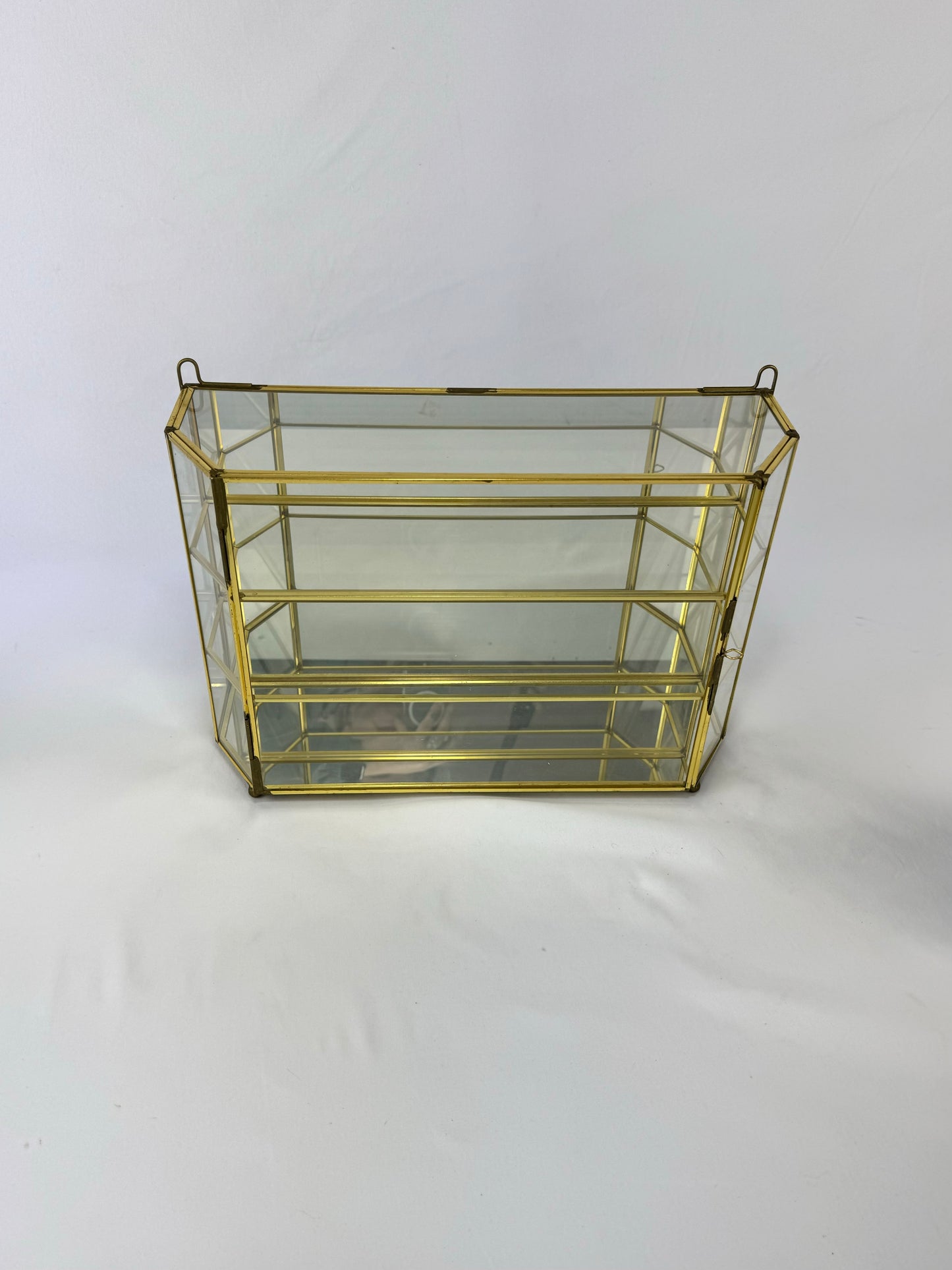 Vintage Brass & Glass Mirrored 3-Shelf Wall Hanging Curio Cabinet