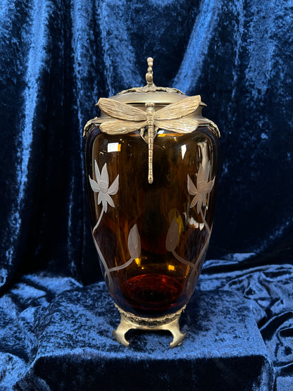 Vintage Art Nouveau Revival Opium Jar - Etched Poppies on Amber Glass - Castilian Poland