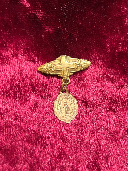 Vintage Jewelry - Baby Christening Brooch - Brass Cross - Miraculous Medal Pendant